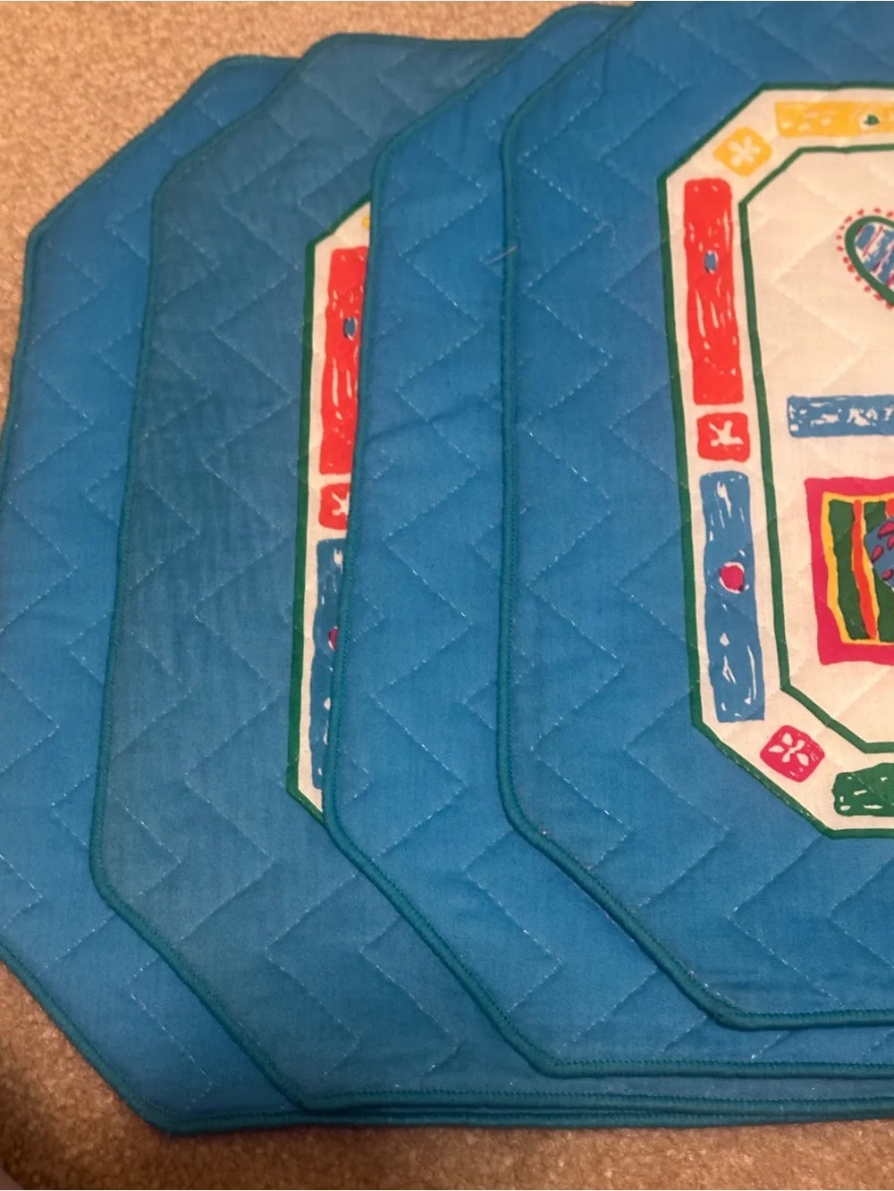 4 Vtg Quilted Patchwork Placemats Multi Color Hearts Blue Border 1990s READ